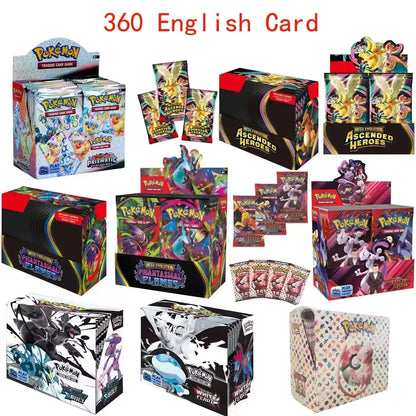 Scatola di carte Black Bolt TCG Booster Box Otaku Family Store con 360 carte in inglese, immagini di fiamme e megaevoluzioni.