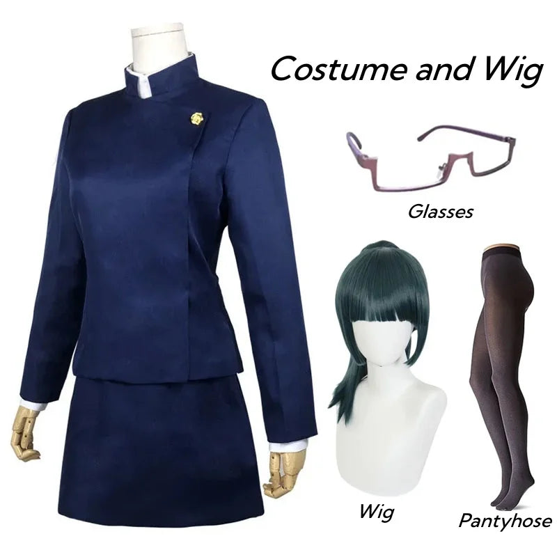 Costume cosplay Jujutsu Kaisen Maki Zenin con occhiali, parrucca e gonna, completo per feste di Halloween per donna e uomo