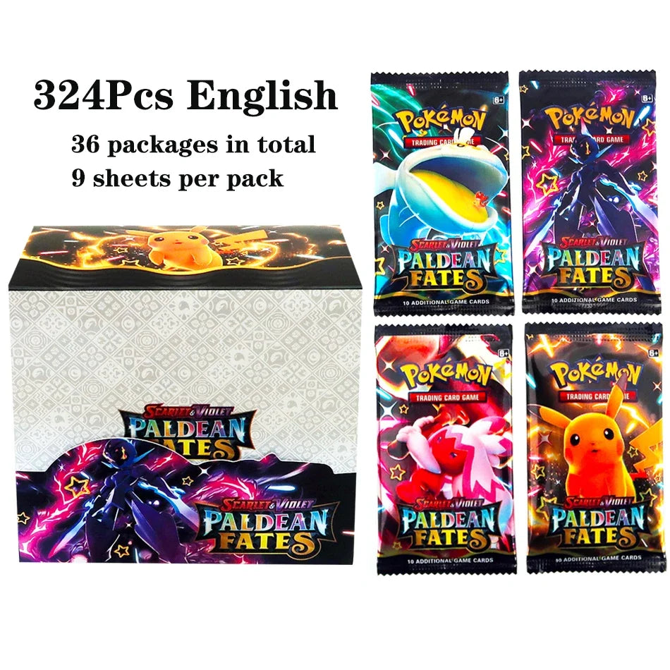 Scatola di distribuzione Pokémon TCG Otaku Family Store con 36 bustine e 324 carte, mostrata aperta con carte visibili.
