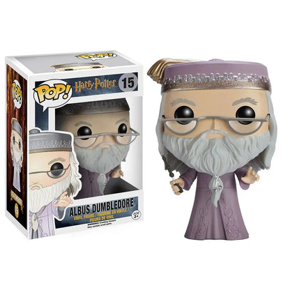Figura Funko Pop dei personaggi di Harry Potter, inclusi Hermione, Ron, Dumbledore, Hedwig e Fawkes, in stile collezionabile.