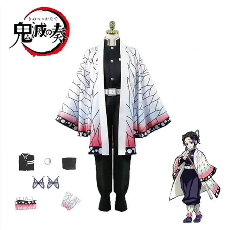 Costume cosplay Demon Slayer Kimetsu no Yaiba Kochou Shinobu con kimono, parrucca e accessori per Halloween, marca Otaku Family Store