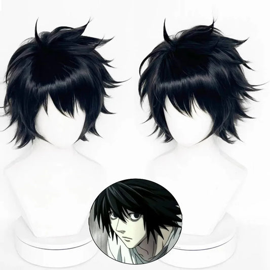 Parrucca cosplay nera corta di L Lawliet da Death Note, stile anime, sintetica, con taglio anti-upturned, perfetta per cosplay anime.