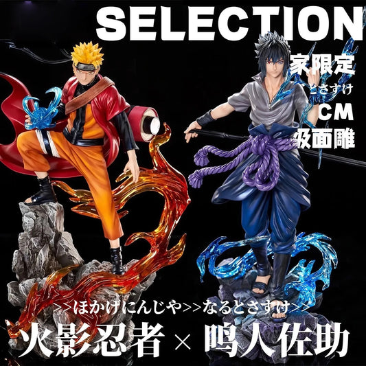 Action figure Sasuke e Naruto della collezione ninja, personaggi anime, dettagli chiari e colori vivaci, in posa dinamica