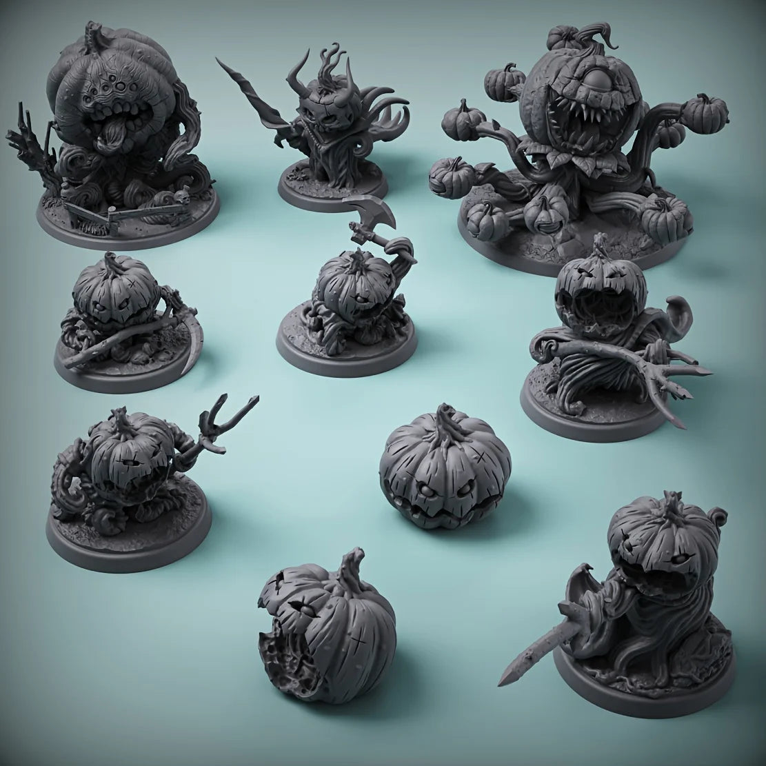 Miniature di mostri zucca in resina per Halloween, perfette come gadget e regali per giochi di ruolo tabletop.