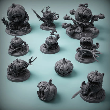 Miniature di mostri zucca in resina per Halloween, perfette come gadget e regali per giochi di ruolo tabletop.