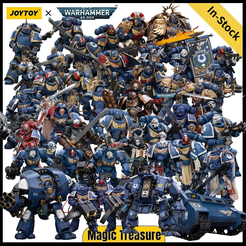 Figura d'azione Warhammer 40K Ultramarine Guilliman Titus Metaurus Chaplain Biologis Calgar Varus MKIII in pose dinamica, dettagliata e colorata