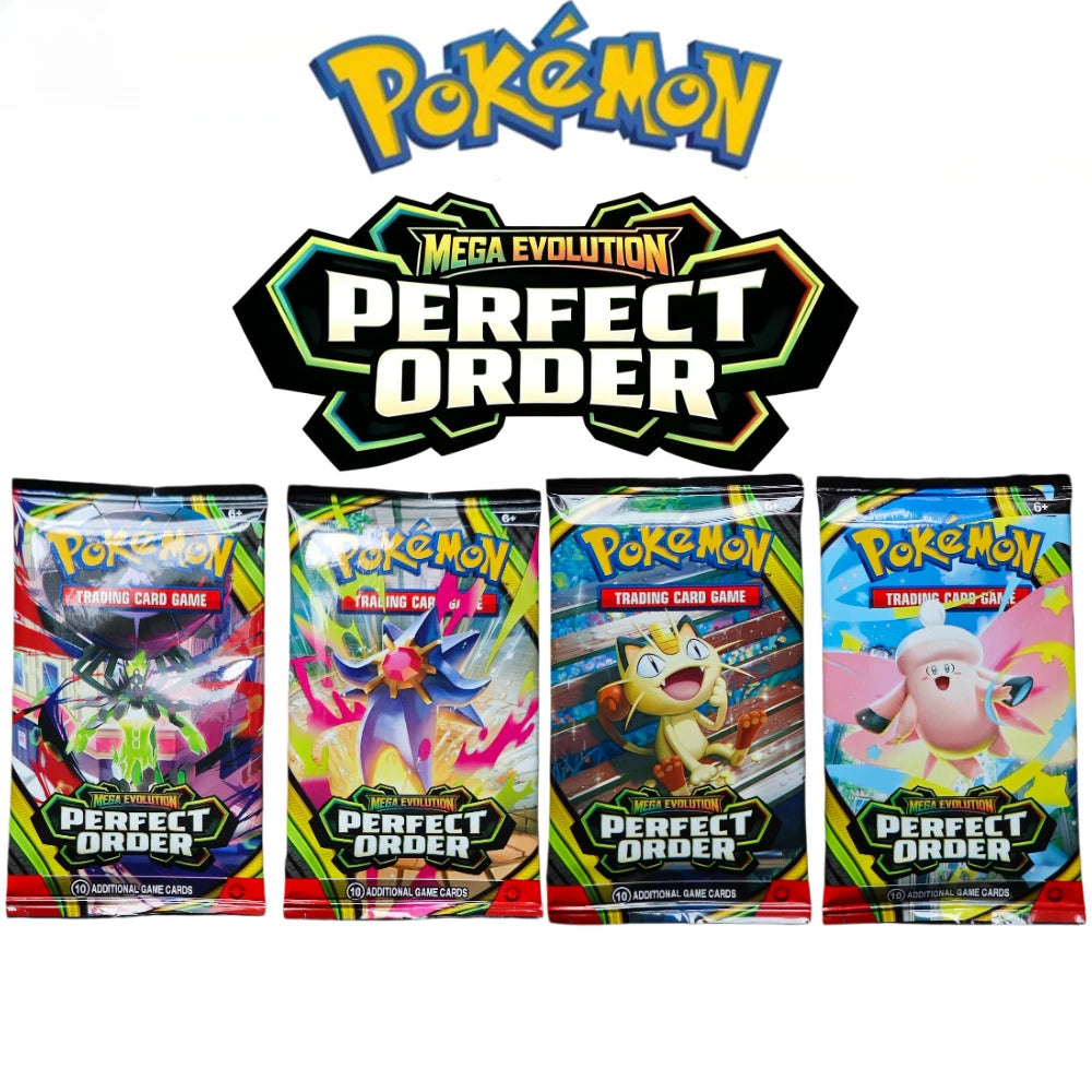 Pacchetto di carte Pokémon Mega Evolution PERFECT ORDER Series, bundle di booster, con carte illustrate in modo dettagliato.