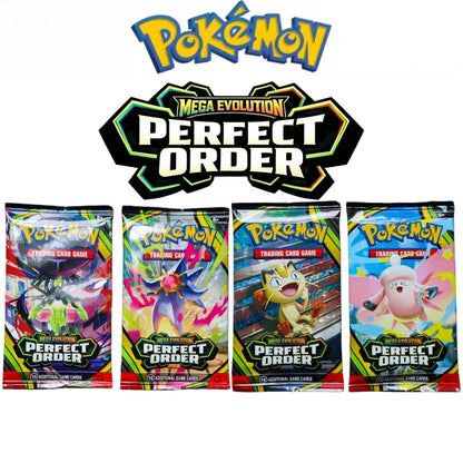 Pacchetto di carte Pokémon Mega Evolution PERFECT ORDER Series, bundle di booster, con carte illustrate in modo dettagliato.