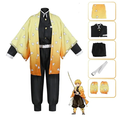 Costume cosplay Agatsuma Zenitsu di Demon Slayer Kimetsu No Yaiba per adulti e bambini, uniforme kimono per Halloween e feste anime