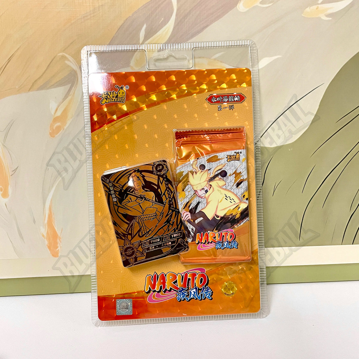 Carte da gioco Naruto TCG Kayou Chapter of the Ninja, pacchetto aperto con carte rare, immagini di carte su sfondo bianco.
