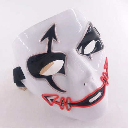 Maschera cosplay luminosa diabolica con effetti glow, perfetta per Halloween e eventi horror, in stile mascherata da purgatorio.