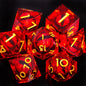 Set di dadi Dragon Eye con bordi affilati e nucleo liquido, ideale per giochi di ruolo come D&D e Pathfinder, in stile drago.