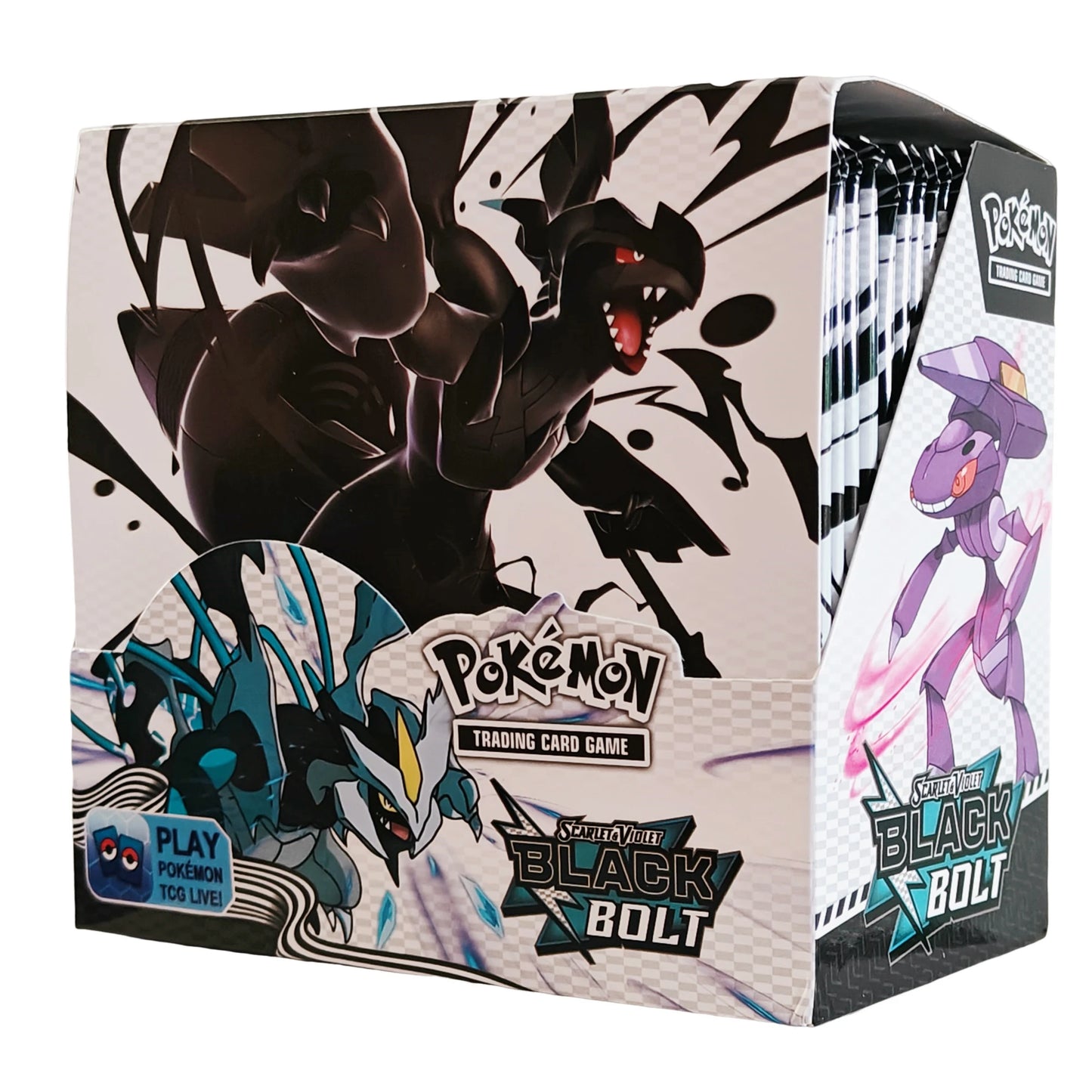 Scatola di booster di carte Black Bolt TCG, versione inglese con 360 carte, illustrata con dettagli di megaevoluzioni e fiamme fantasma