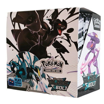 Scatola di booster di carte Black Bolt TCG, versione inglese con 360 carte, illustrata con dettagli di megaevoluzioni e fiamme fantasma
