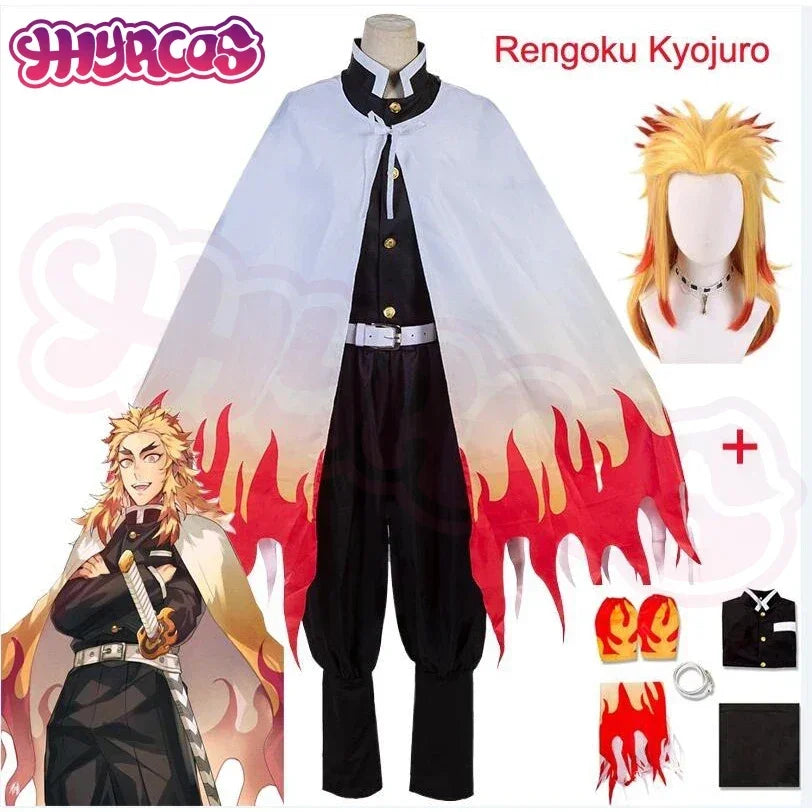 Costume cosplay Rengoku Kyojuro Demon Slayer Kimetsu no Yaiba con mantello e parrucca, adatto a adulti e bambini, di Otaku Family Store.