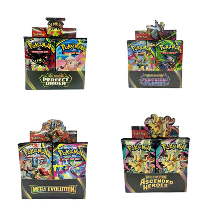 Scatola di carte Pokémon TCG Booster Box Mega Evolution, Fiamme Fantasmatiche e Eroi Ascensionati, immagini delle buste e pacchetti casuali