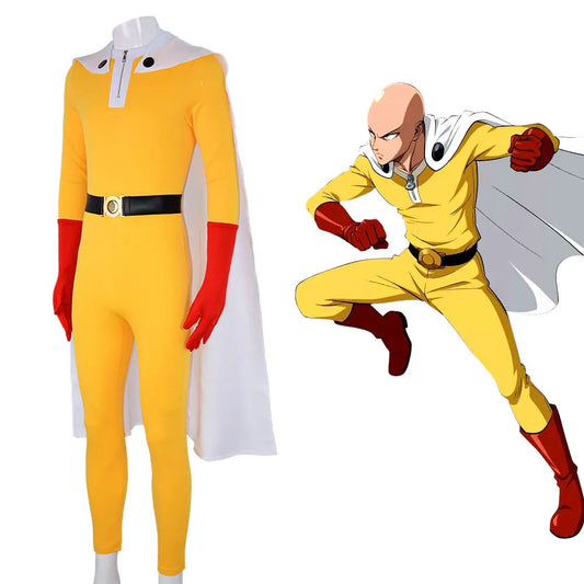 Costume cosplay di Saitama da One Punch Man, completo di tuta gialla, mantello, guanti e cintura, ideale per cosplay e feste.