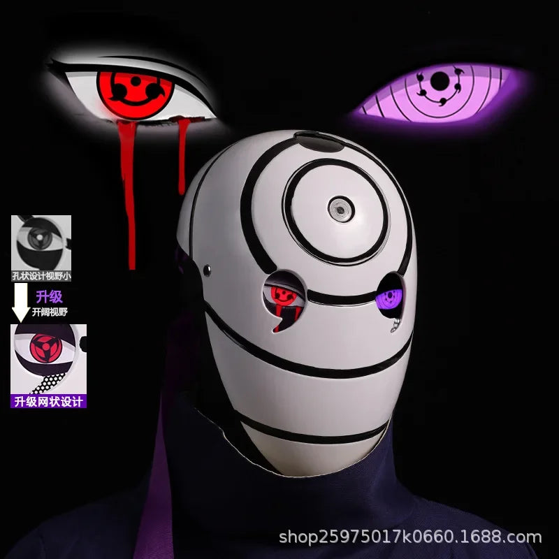 Maschera cosplay Uchiha Obito Sharingan Akatsuki Naruto, viso con maschera rossa e dettagli neri, perfetta per cosplay Naruto.