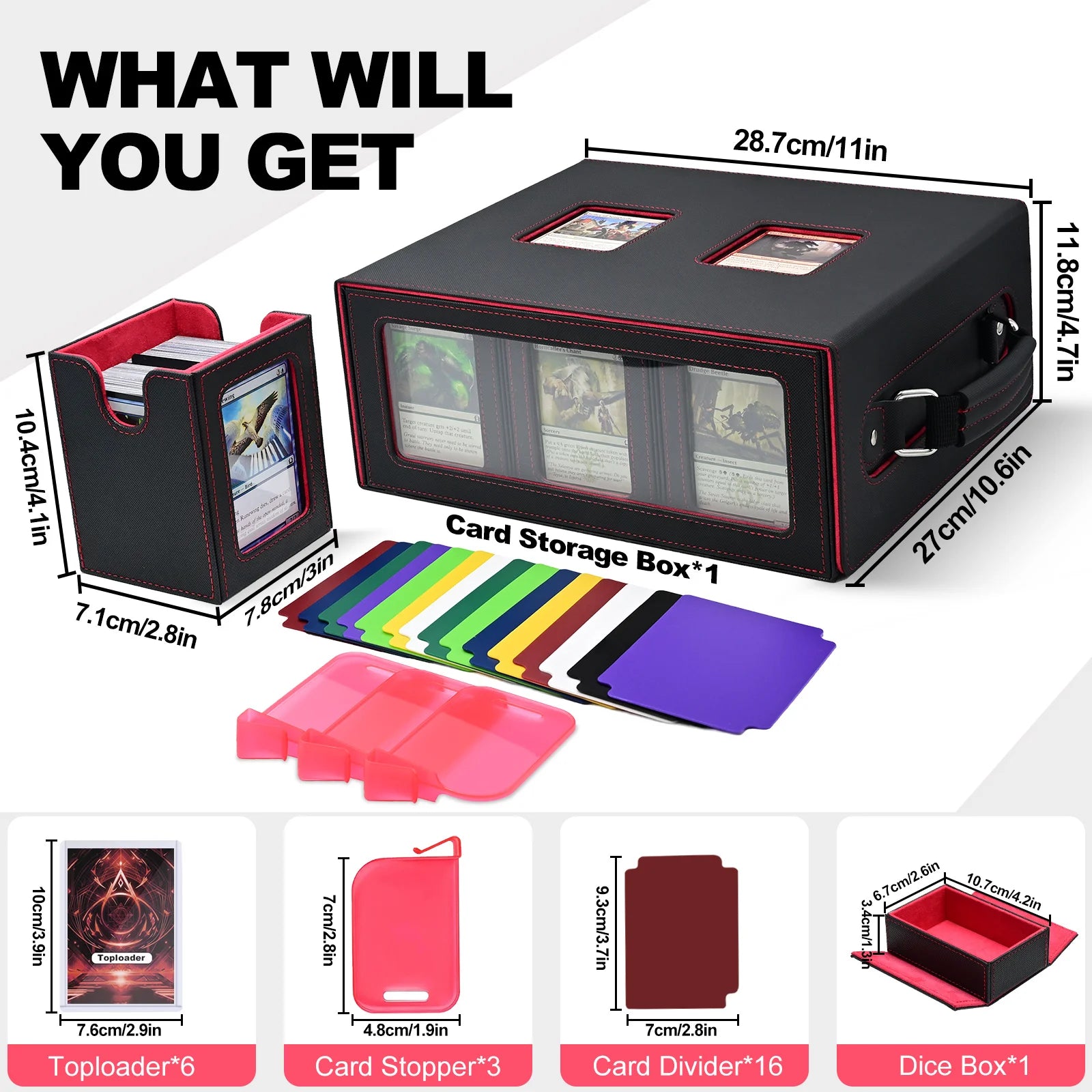 Scatola per carte da gioco 7-in-1 Otaku Family Store, contenitore per deck di carte con maniglia e divisori, con 8 Toploaders.