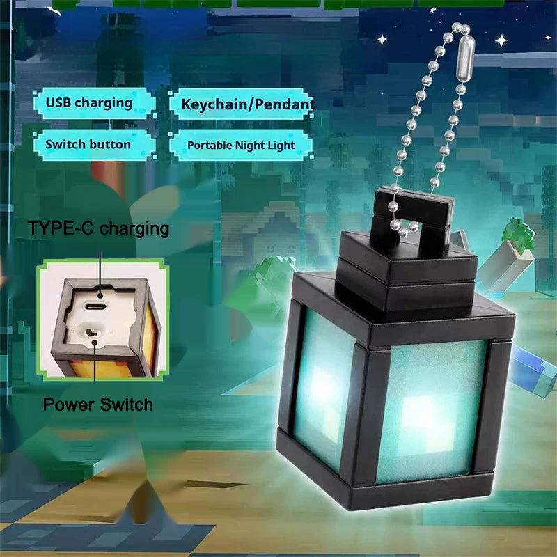 Portachiavi a forma di lanterna Minecraft con LED mini, modello pixel, portatile, decorativo per zaino e luce notturna per appassionati di giochi