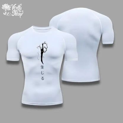 Maglietta compressiva Jin Woo Solo Leveling Anime Muscleshirt sportivo, con design dettagliato, ideale per allenamenti e stile casual.