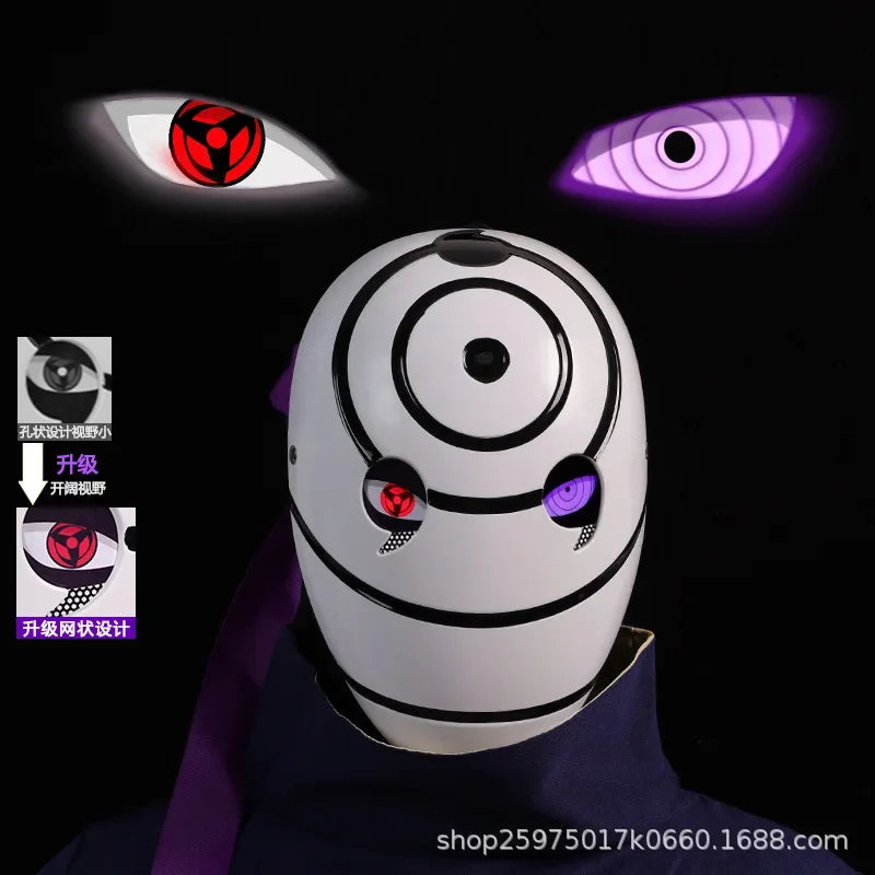 Maschera cosplay Uchiha Obito Sharingan Akatsuki Naruto, maschera in tessuto con dettagli del Sharingan e simboli Akatsuki.