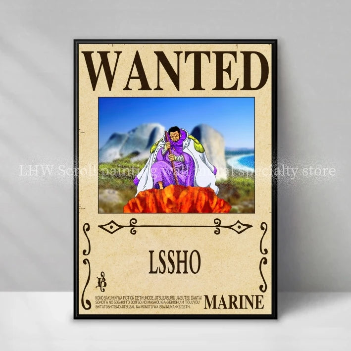 Figura d'azione One Piece Anime Wanted Notice giallo decorativo per pareti, alta qualità, marca Otaku Family Store Online.