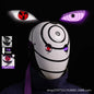 Maschera cosplay Uchiha Obito Sharingan Akatsuki Naruto, maschera in tessuto nero con simboli rosso e dettagli realistici.