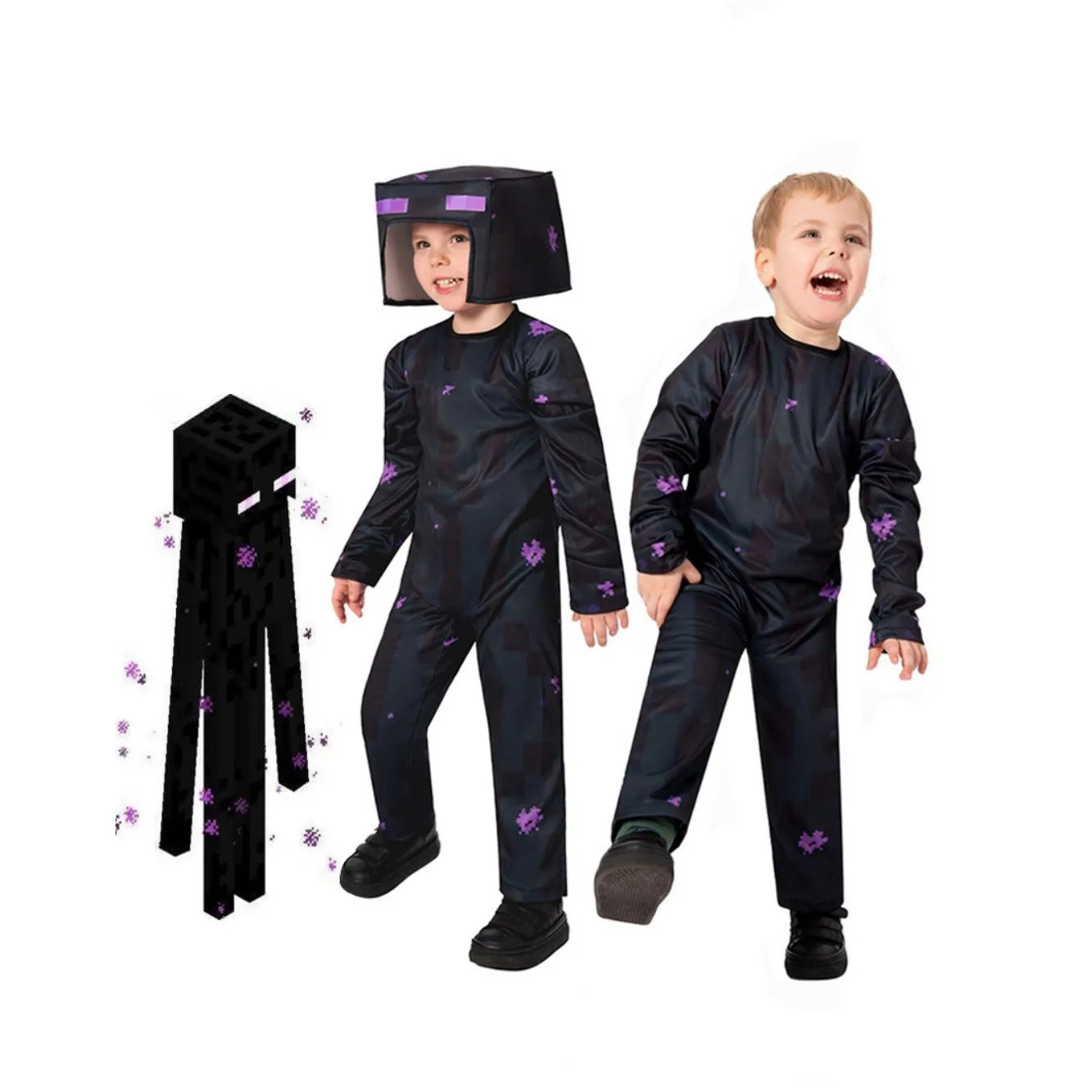 Costume cosplay Enderman bambino nero deluxe, perfetto per Halloween e feste, con dettagli realistici e stile zombie classico.