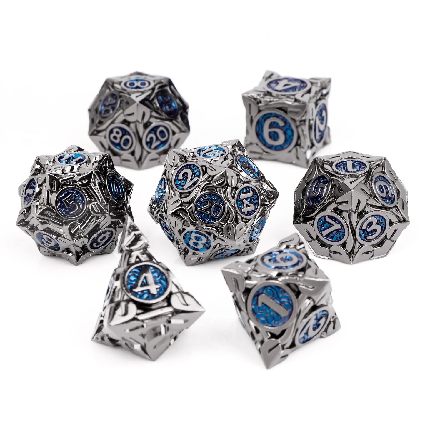 Set di 7 dadi poliedrici in metallo per giochi di ruolo D&D, parte della collezione mista di gadget Otaku Family Store online