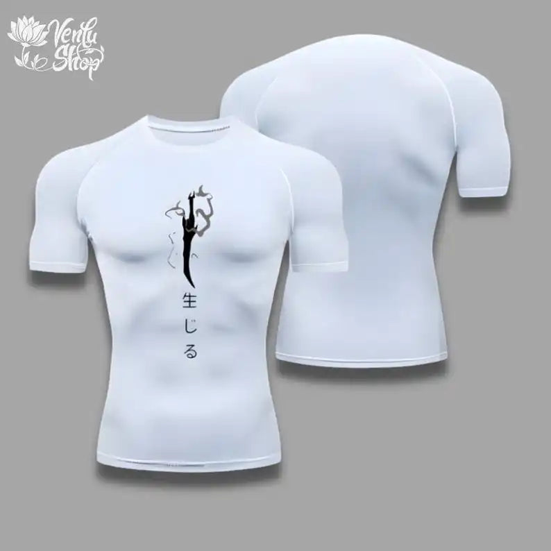 Maglietta compressiva Jin Woo Solo Leveling Anime con design muscoloso, tessuto sportivo, marca Otaku Family Store Online
