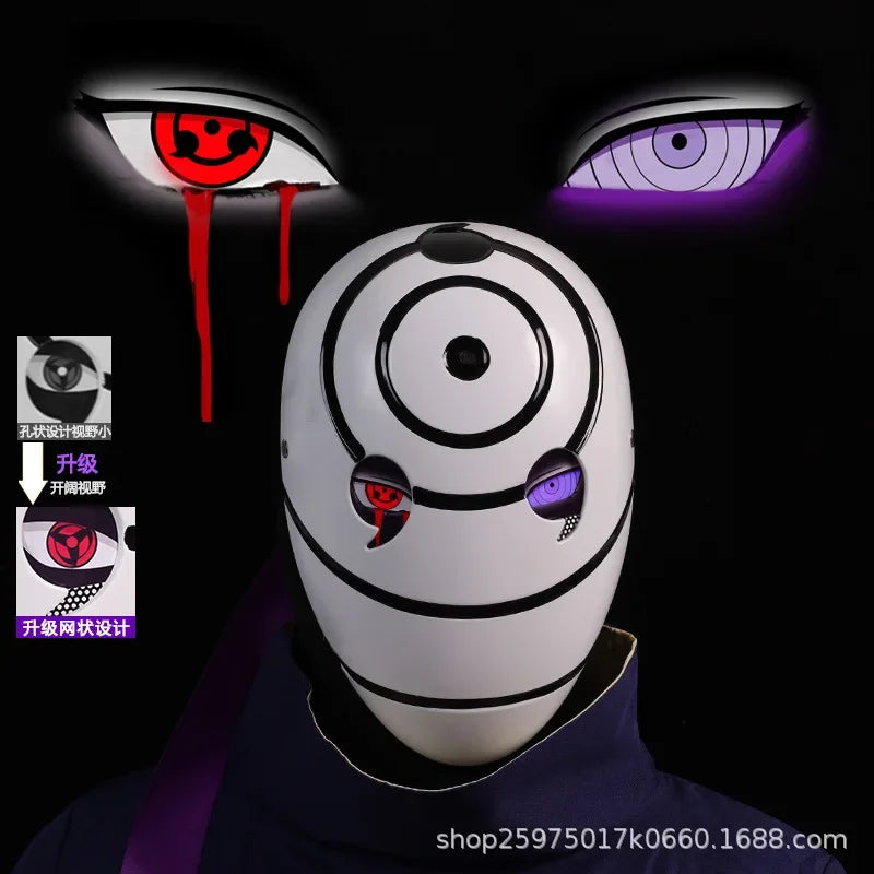 Maschera cosplay Uchiha Obito Sharingan Akatsuki Naruto, maschera in tessuto con design dettagliato, ideale per cosplay e eventi cosplay.