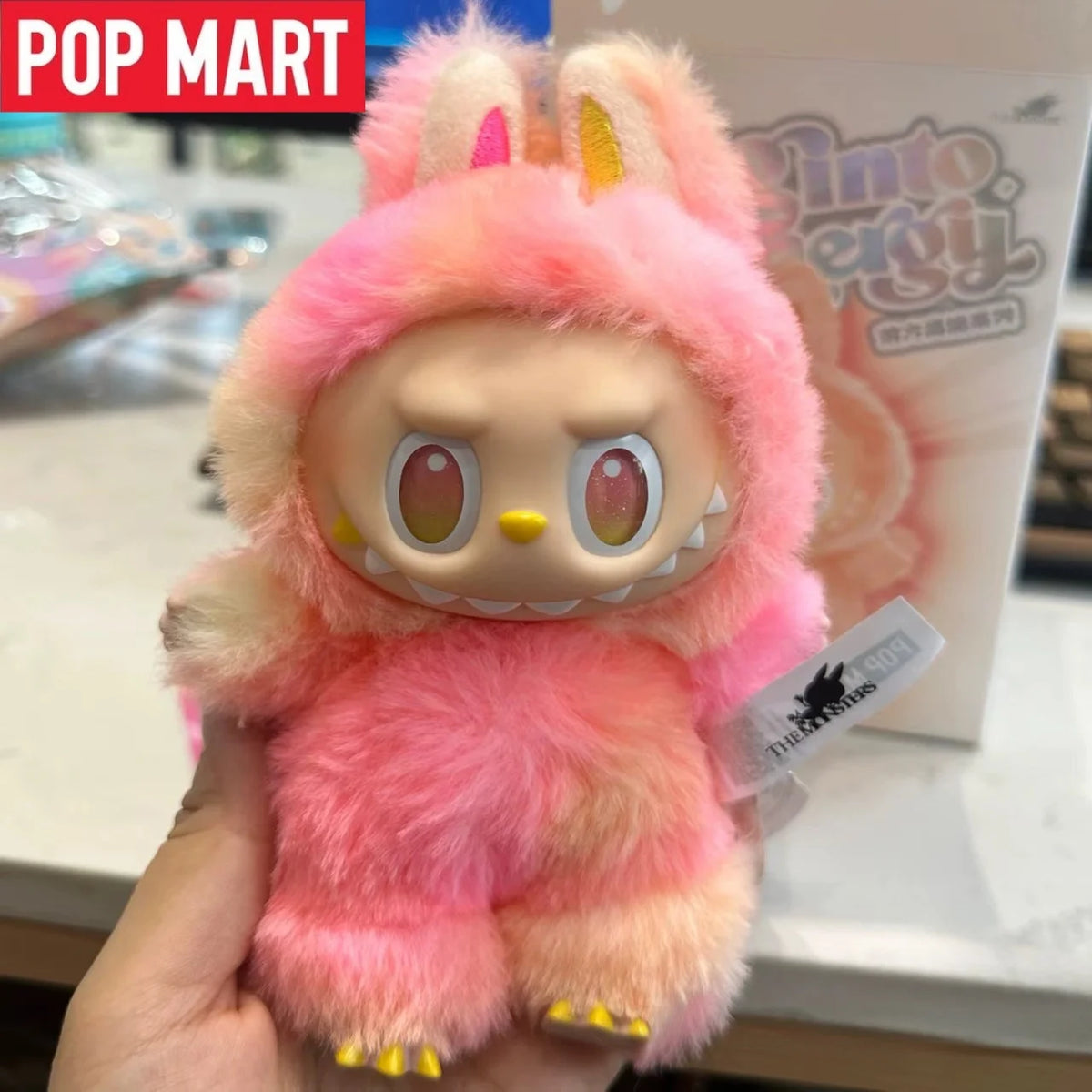 Pupazzo di peluche Labubu 3.0 Big into Energy, morbido e colorato, decorativo per la casa, prodotto ufficiale Pop Mart.