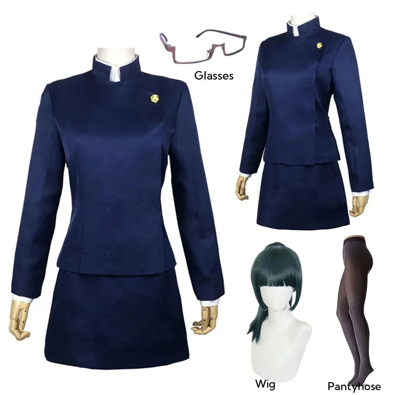 Costume cosplay di Maki Zenin di Jujutsu Kaisen, completo di occhiali, parrucca e gonna, ideale per Halloween e feste per donne e uomini.