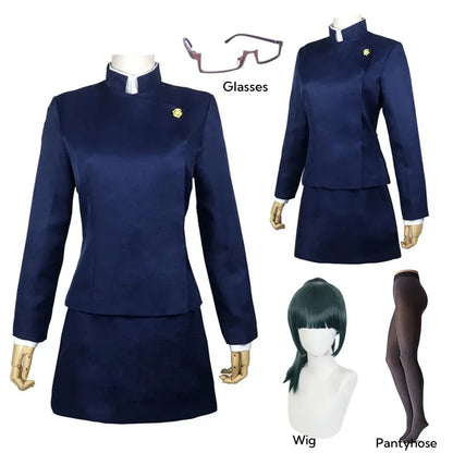 Costume cosplay di Maki Zenin di Jujutsu Kaisen, completo di occhiali, parrucca e gonna, ideale per Halloween e feste per donne e uomini.