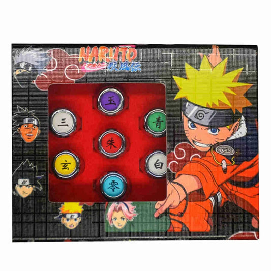 Anelli cosplay Akatsuki del clan più temuto di Naruto, con simboli rossi su sfondo nero, perfetti per costumi ninja.