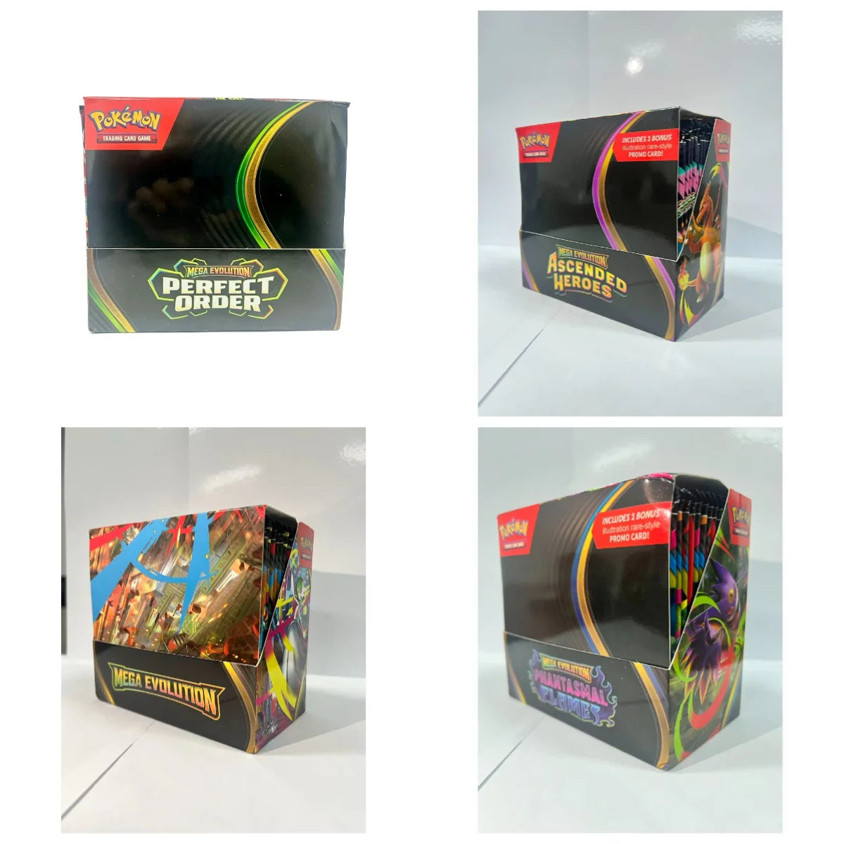 Scatola di 36 buste di carte Pokémon TCG Mega Evolution e Phantasmal Flames, edizione inglese, con pacchetti casuali e dettagli di design