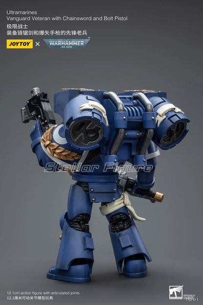 Figura d'azione Warhammer Ultramarines Vanguard Veteran con catena e pistola Bolt, dettagliata e collectibles.