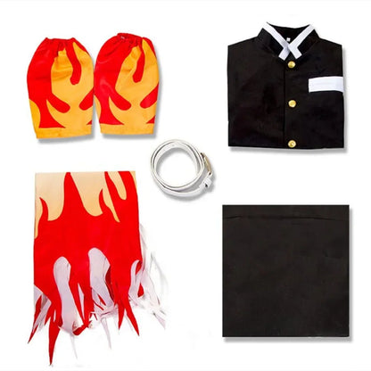 Costume cosplay di Rengoku Kyojuro di Demon Slayer per adulti e bambini, con abito in stile anime e parrucca, ideale per feste.