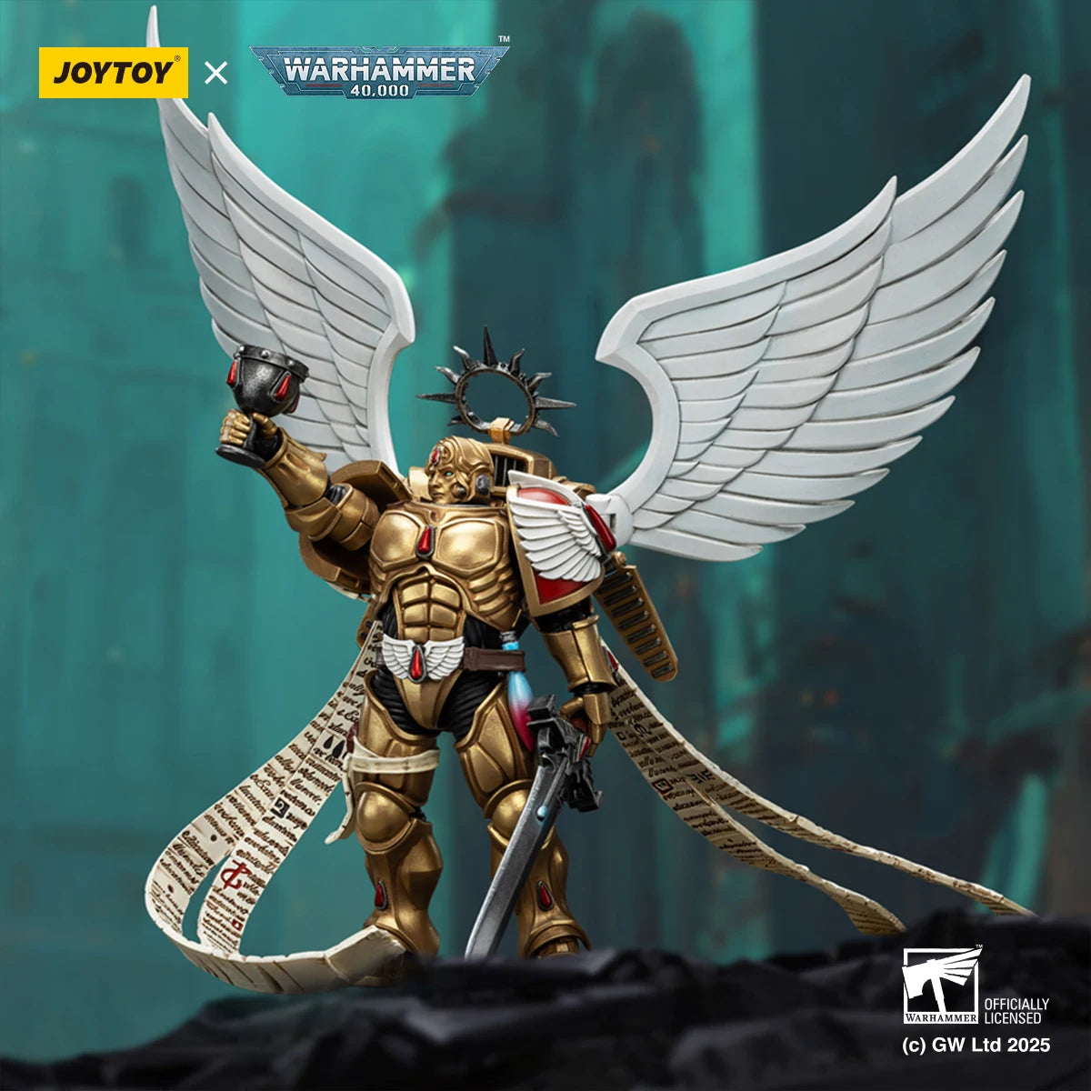 Figura d'azione Blood Angels Sanguinor di Warhammer 40K in scala 1/18, con spada Encarmine, dettaglio realistico e posizionamento dinamico