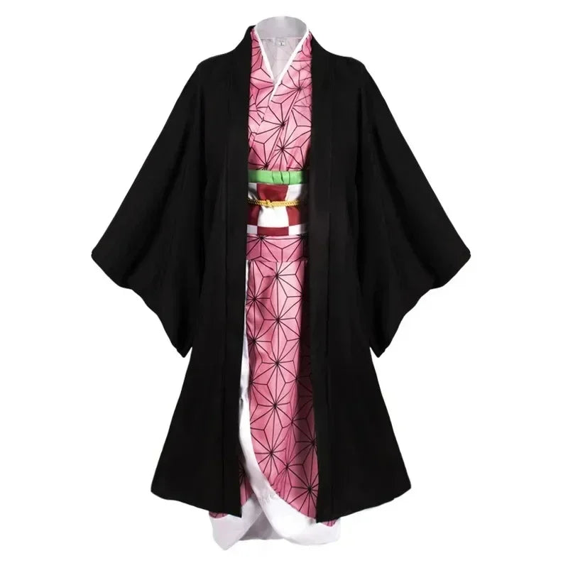 Costume cosplay di Nezuko Kamado da Demon Slayer, kimono e parrucca, dettagli realistici per cosplay di Anime Kimetsu no Yaiba.