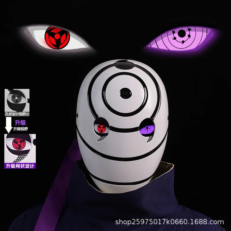 Maschera cosplay Uchiha Obito Sharingan Akatsuki Naruto, maschera in tessuto rossa con simboli neri e dettagli realistici.