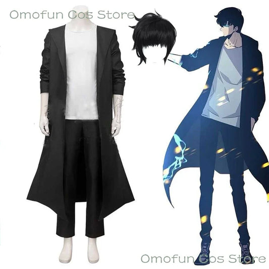 Parrucca cosplay di Sung Jin-woo da anime Knight Killer, completo trench coat e outfit per Halloween, stile unico e dettagliato.