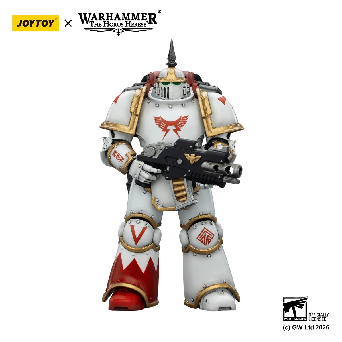 Figura d'azione Warhammer 40K White Scars MKVI Tactical Legionary di Otaku Family Store, dettagliata e in posa.