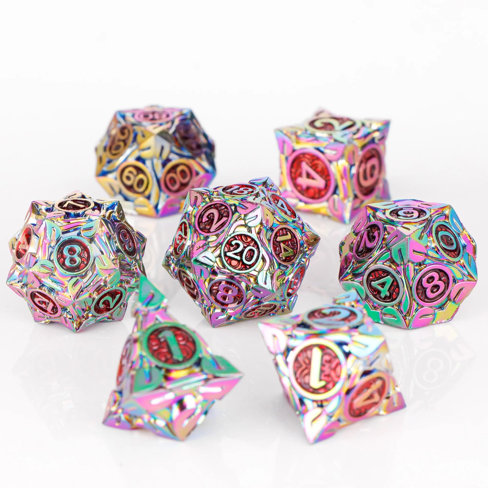 Set di 7 dadi poliedrici in metallo della collezione mista di Otaku Family Store Online, ideali per giochi di ruolo D&D