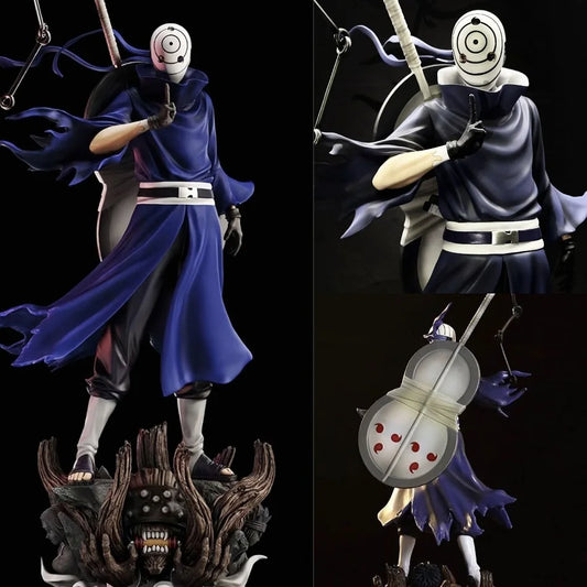 Figura d'azione Uchiha Obito con doppia testa, dettagliata e colorata, perfetta per collezionisti di action figure Naruto.