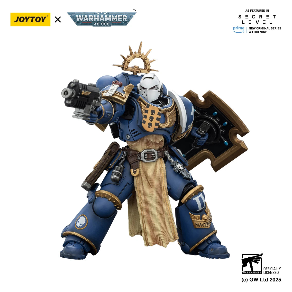 Figura d'azione Warhammer 40K Ultramarines Levantus di Otaku Family con spada energetica, scudo e pistola bolt, dettagli realistici.