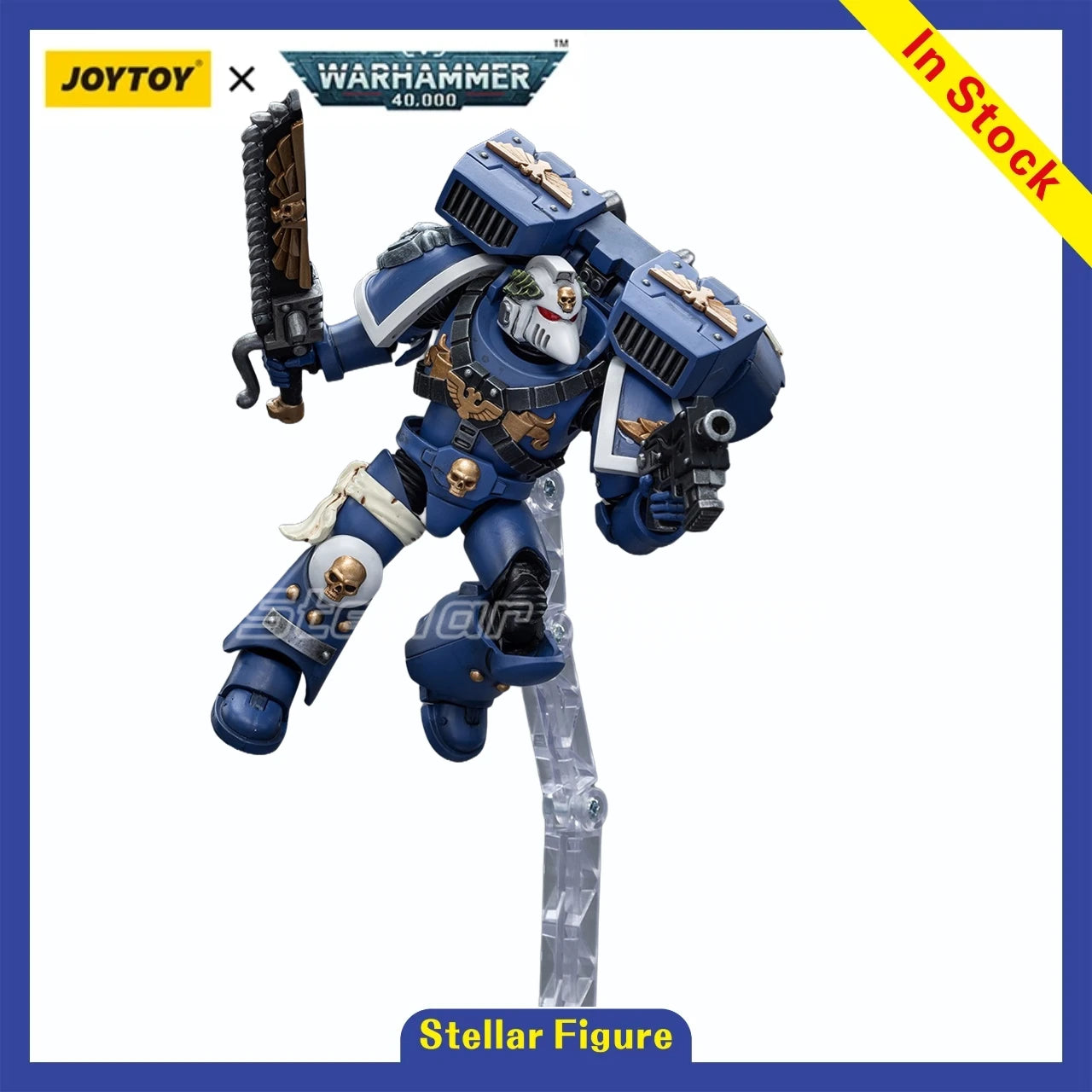 Action figure Warhammer Ultramarines Vanguard Veteran con catena e pistola bolt, dettaglio di alta qualità, per collezione e decorazioni.