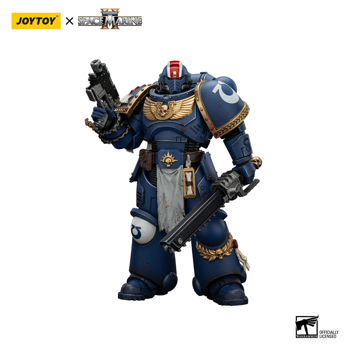 Action figure Warhammer 40K Ultramarines Tenente Titus Gadriel seduto sulla sedia, edizione da collezione, marca Otaku Family Store.