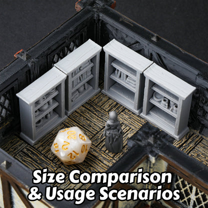 Set di miniature RPG 28mm Otaku Family con mensole, librerie e credenze intercambiabili per giochi da tavolo.
